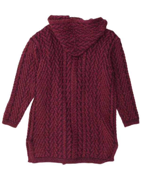 Aran Crafts Dame Longline Hooded Cardigan Sweater UK 14 Medium Burgundy
