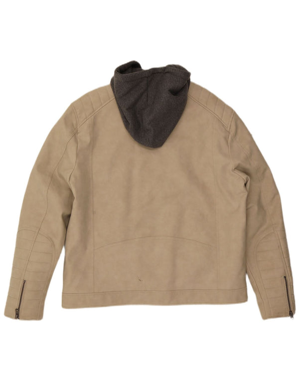 Guess Giacca da corsa da uomo in ecopelle con cappuccio UK 42 Large Beige Colourblock