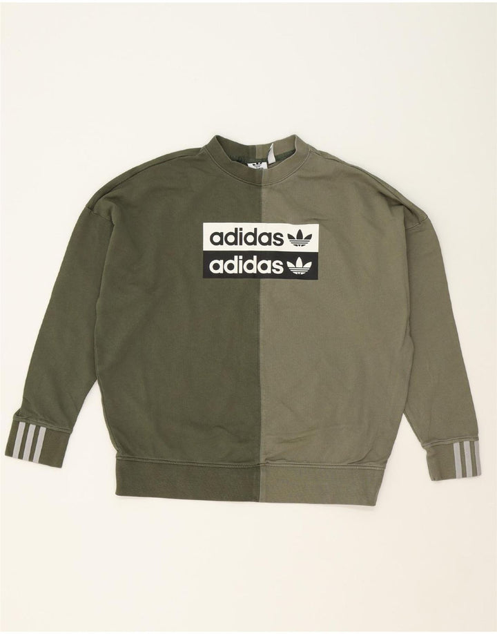 ADIDAS Womens Oversized Sweatshirt Jumper UK 12 Medium Khaki Colourblock Vintage Adidas and Second-Hand Adidas from Messina Hembry 