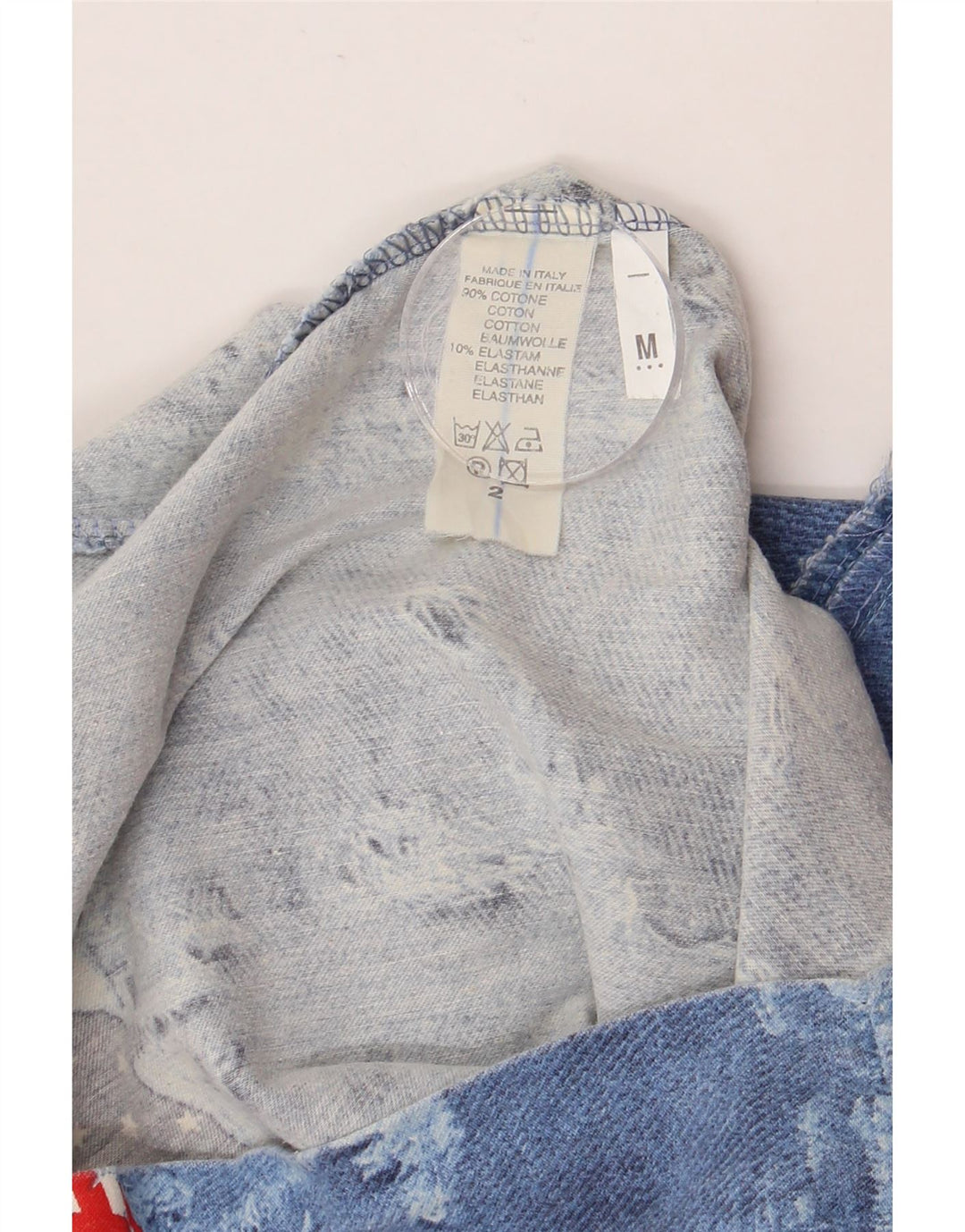 Minissaia feminina vintage envelhecida média W28 azul patchwork algodão EUA