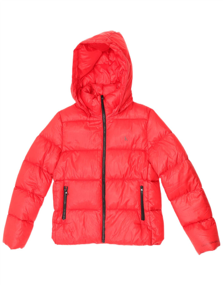 Giacca imbottita con cappuccio da donna Calvin Klein Jeans UK 14 poliestere rosso medio