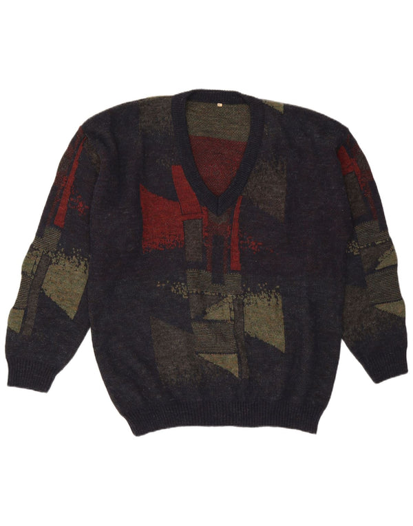 vintage Mens V-Col Jumper Pull XL Bleu Marine Géométrique Laine