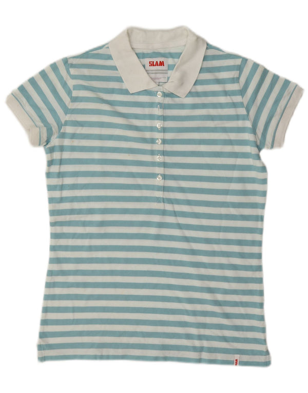 Slam Polo Femme UK 14 Coton Rayé Bleu Moyen