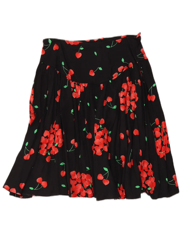 Vintage mujer cintura alta A-Line falda IT 46 Grande W29 Viscosa floral negra