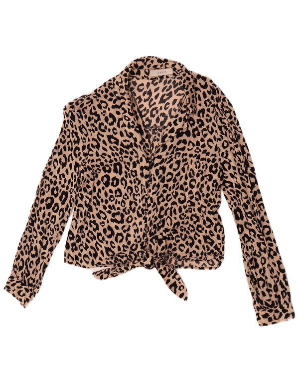 Oasis Womens Crop Front Tie Shirt Blouse UK 12 Medium Beige Animal Print
