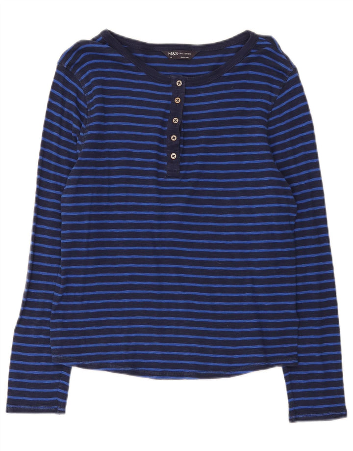 Marks & Spencer Womens Top Long Sleeve UK 14 Medium Navy Blue Striped
