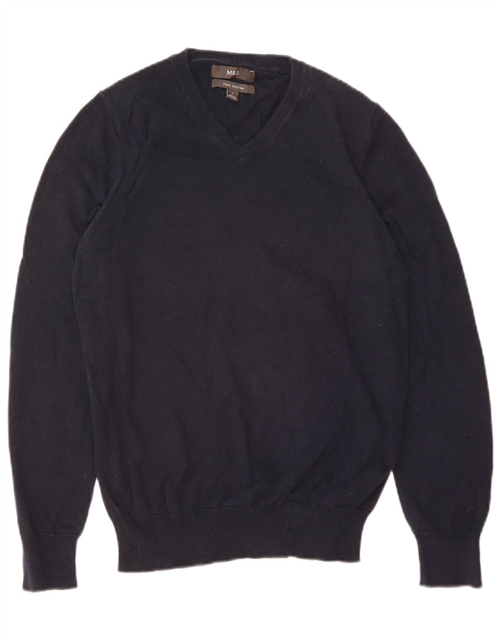 Marks & Spencer Mens V-Neck Jumper Sweater Small Navy Blue Cotton