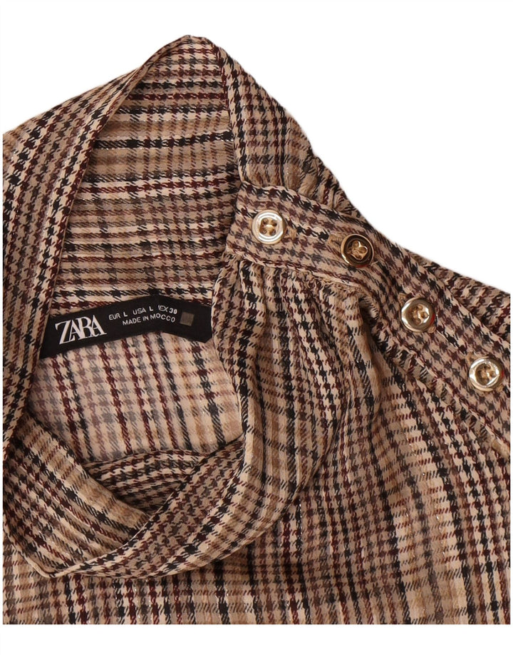 Zara Womens Pullover Long Sleeve Shirt Blouse UK 16 Large Brown Check