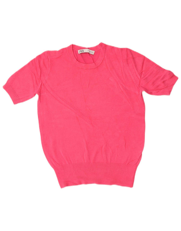 Zara Womens Crop Short Sleeve Crew Neck Jumper Sweater UK 10 Small Pink