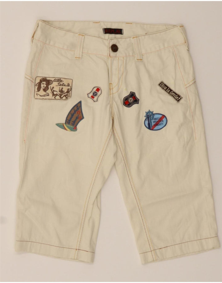 REPLAY Womens Graphic Denim Shorts W28 Medium Off White Cotton Vintage Replay and Second-Hand Replay from Messina Hembry 