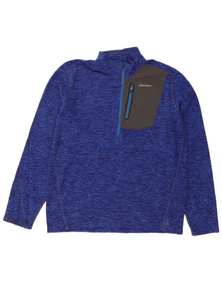 Eddie Bauer Mens Zip Neck Fleece Jumper Large Blue Flecked Polyester