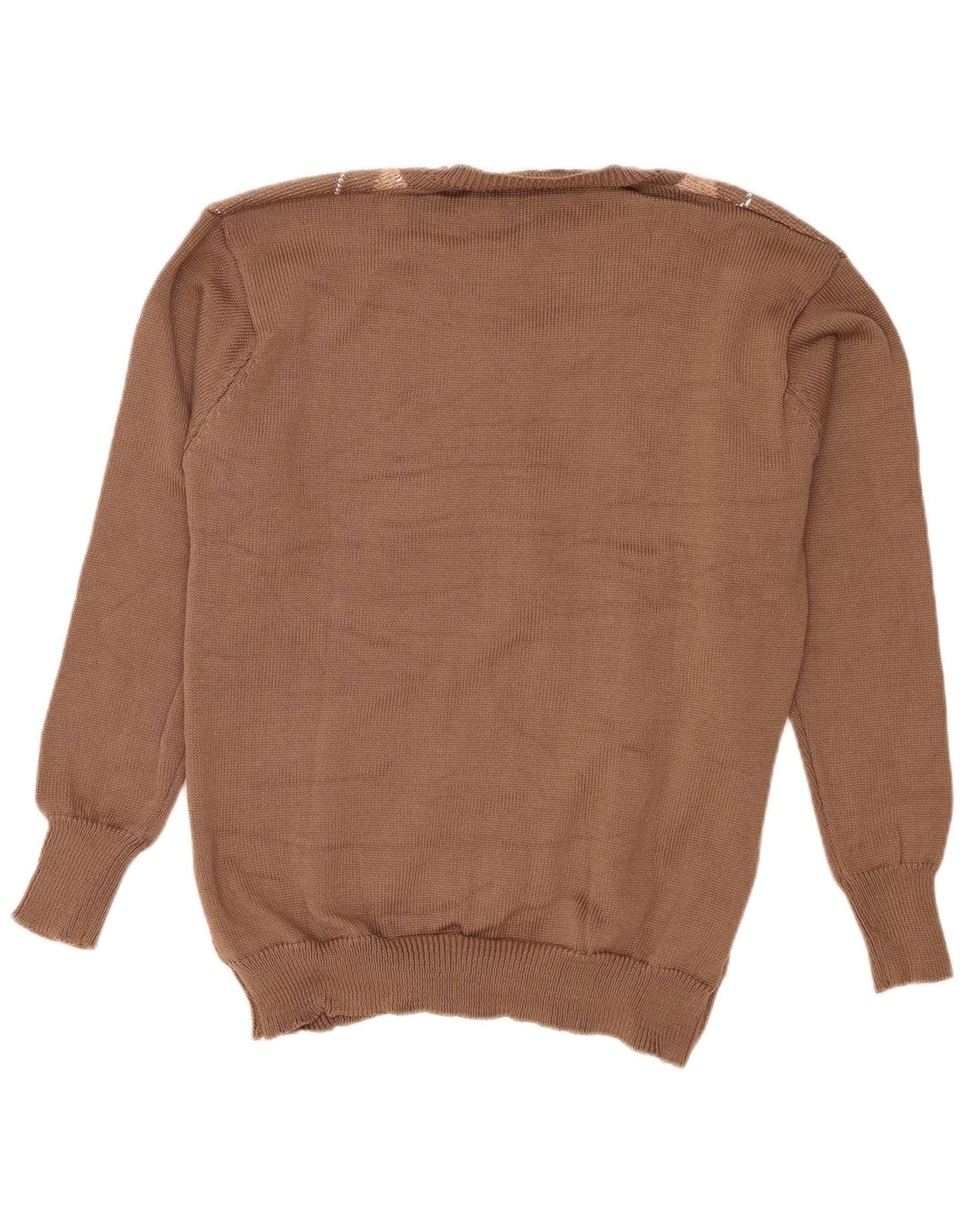 Vintage damski sweter z dekoltem w kształcie litery V, duży, brązowy, wykonany z tkaniny argyle/diamentowy poliester