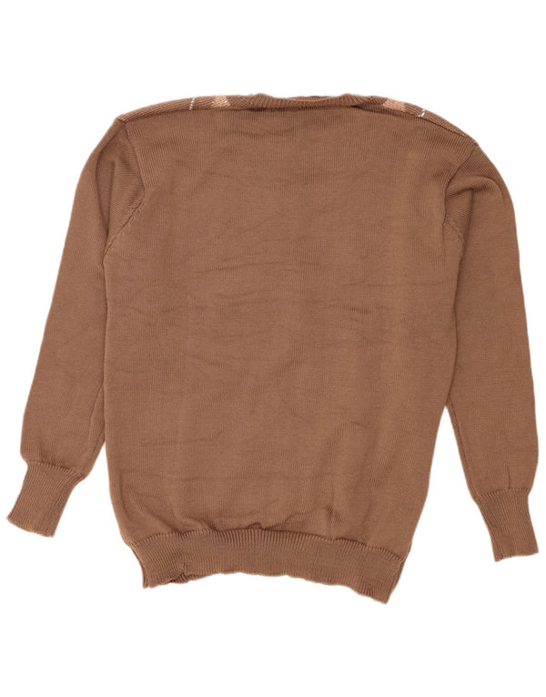 Vintage damski sweter z dekoltem w kształcie litery V, duży, brązowy, wykonany z tkaniny argyle/diamentowy poliester