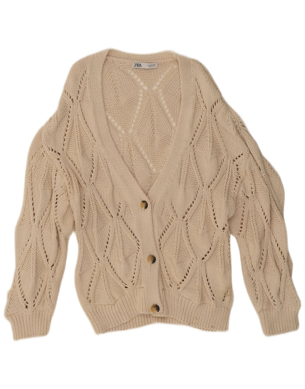 Pulover cardigan pentru femei Zara UK 14 Medium Bej Bumbac