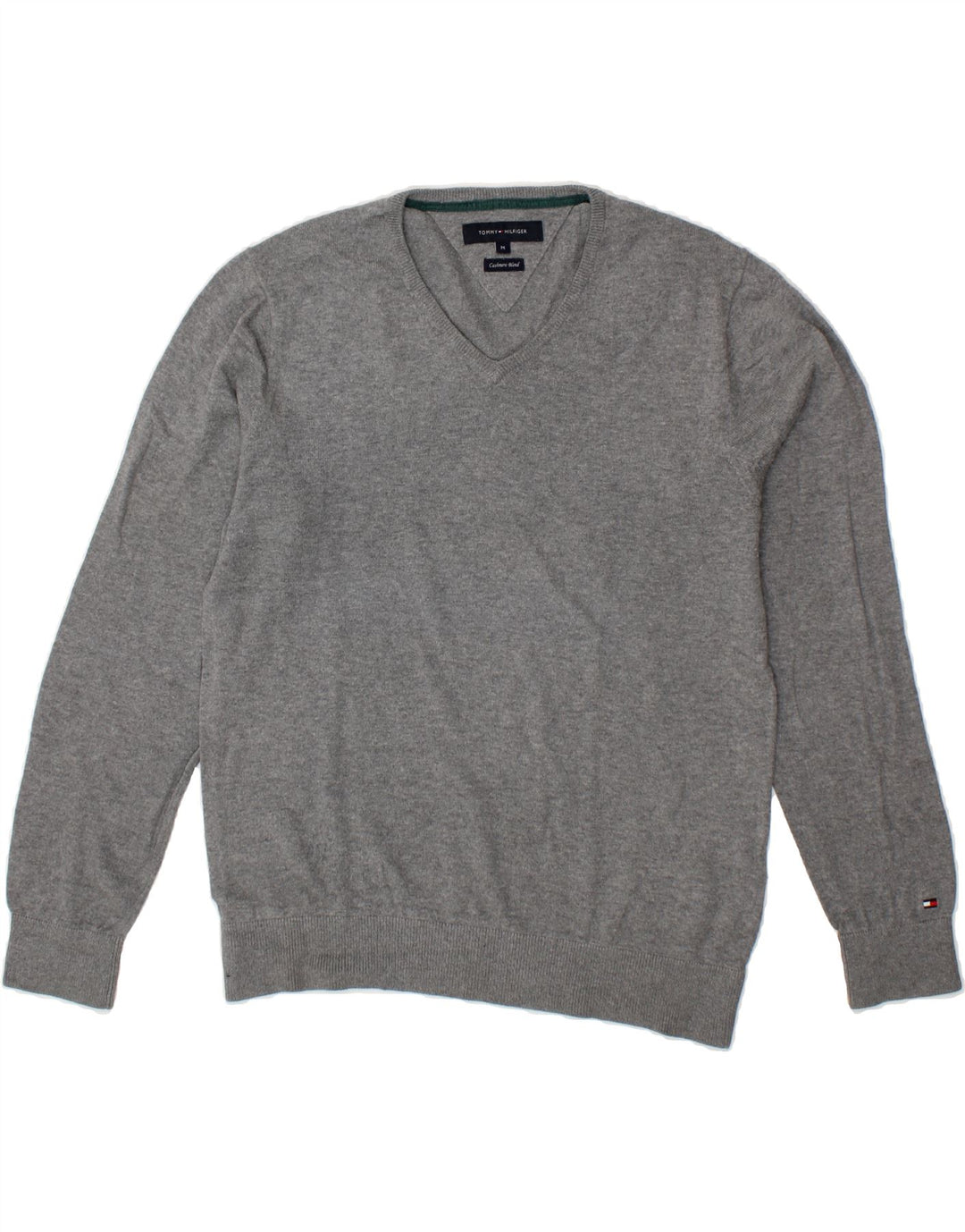 TOMMY HILFIGER Mens V-Neck Jumper Sweater Medium Grey Cotton Vintage Tommy Hilfiger and Second-Hand Tommy Hilfiger from Messina Hembry 