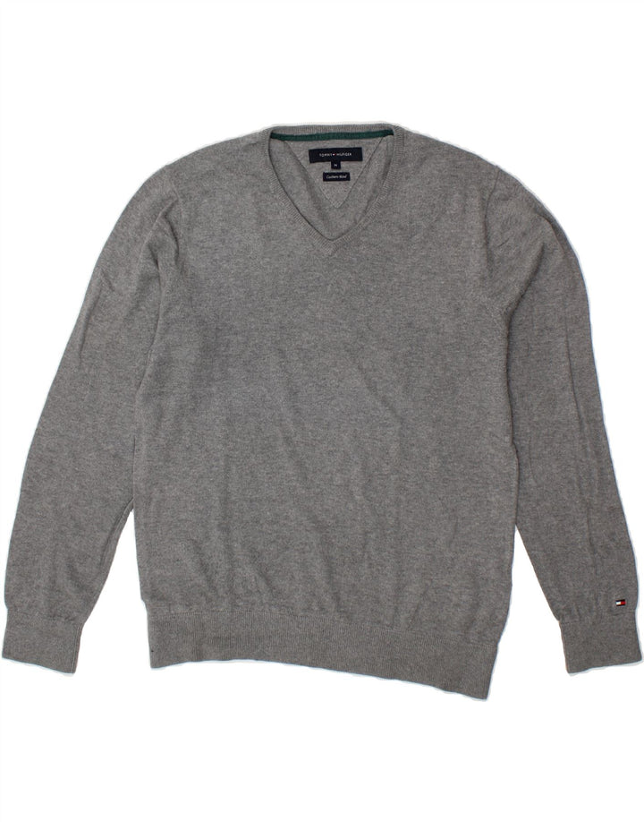 TOMMY HILFIGER Mens V-Neck Jumper Sweater Medium Grey Cotton Vintage Tommy Hilfiger and Second-Hand Tommy Hilfiger from Messina Hembry 