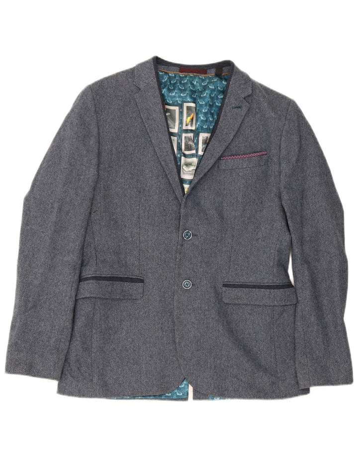 Jaqueta blazer masculina de 2 botões Ted Baker tamanho 4 grande espinha de peixe azul marinho