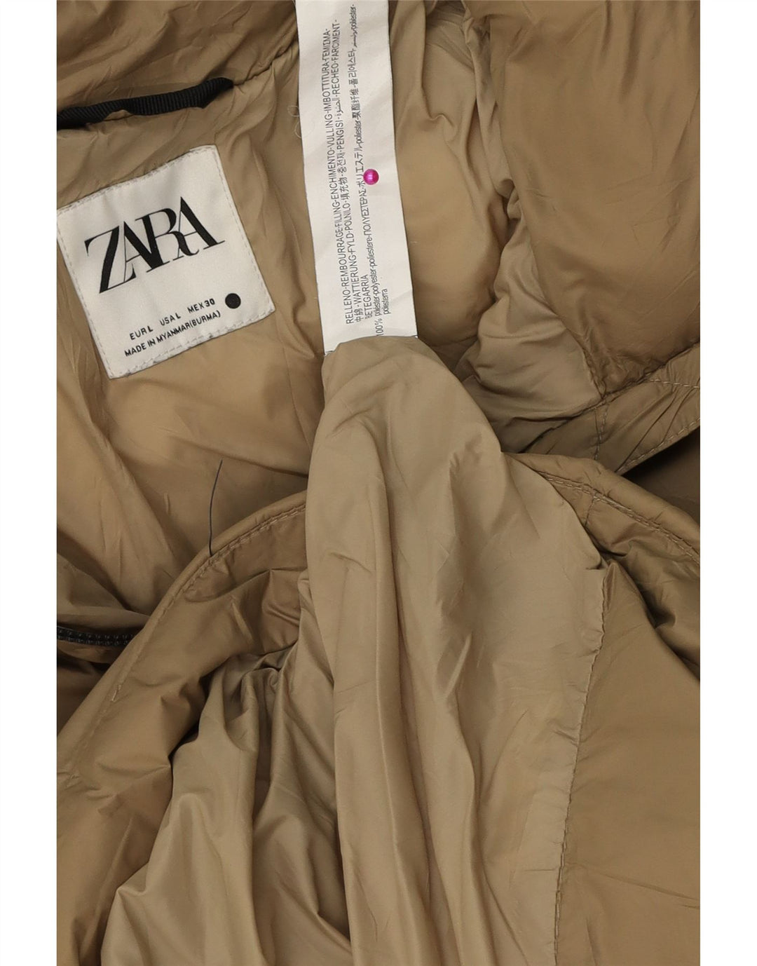 Zara Womens Hooded Oversized Padded Jacket UK 16 Large Beige Polyester