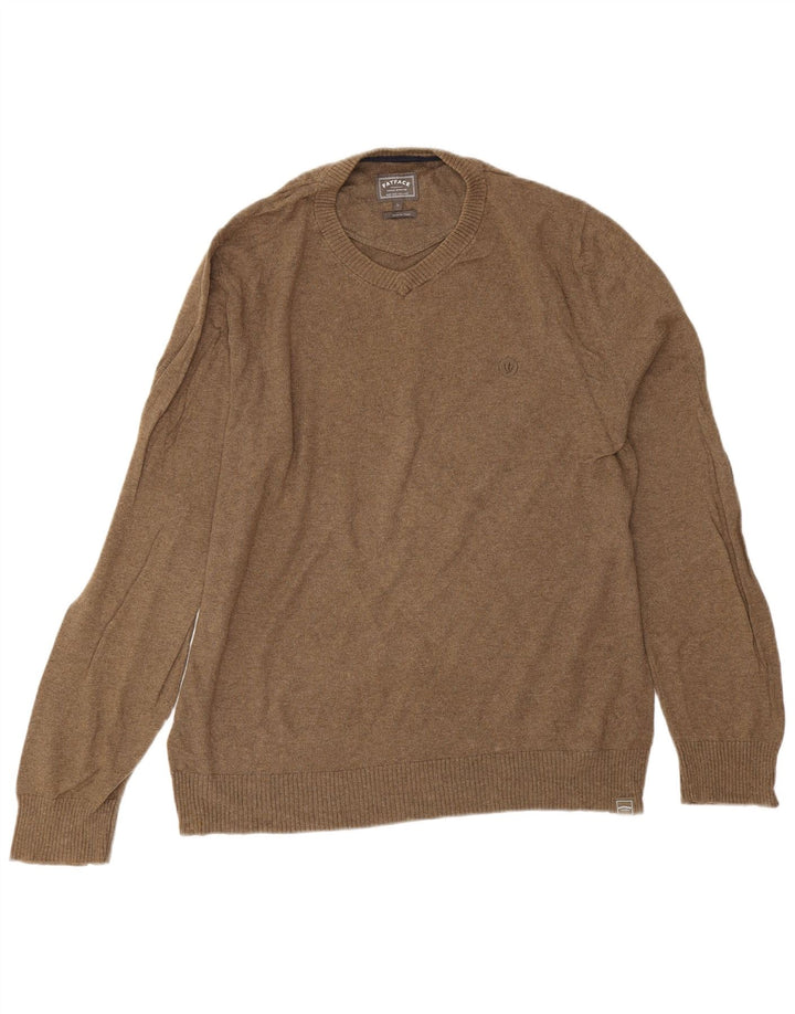 Fat Face Mens V-Neck Jumper Sweater Large Brown Cotton