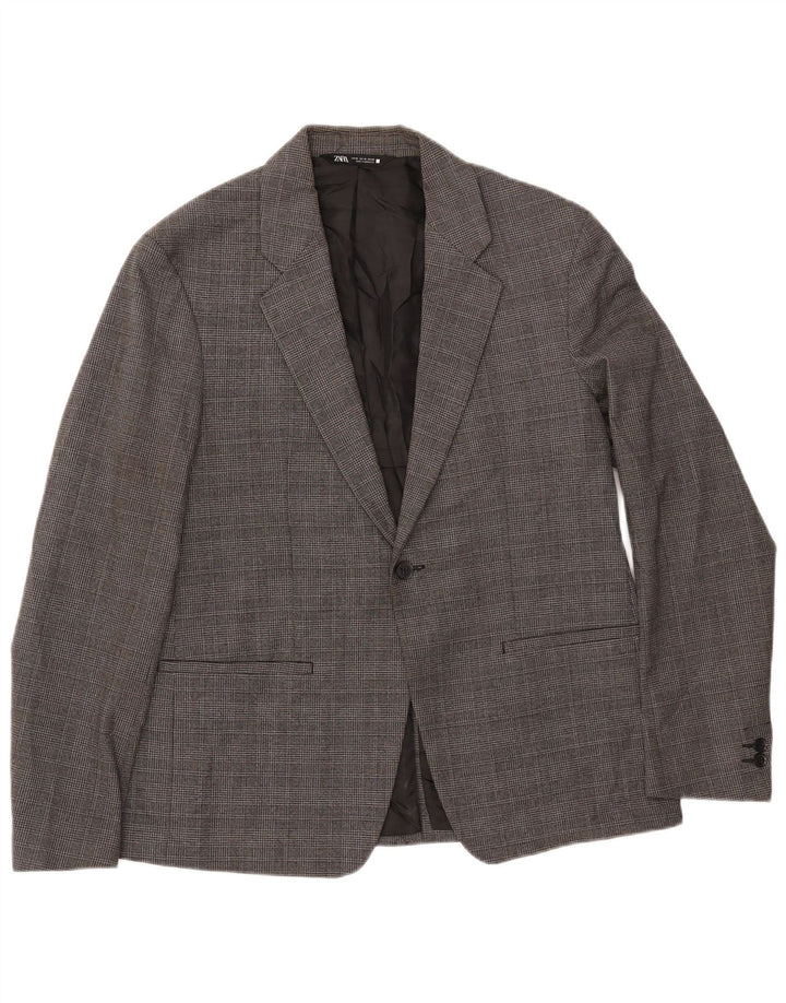 ZARA Mens 1 Button Blazer Jacket EU 50 Medium Grey Houndstooth Polyester