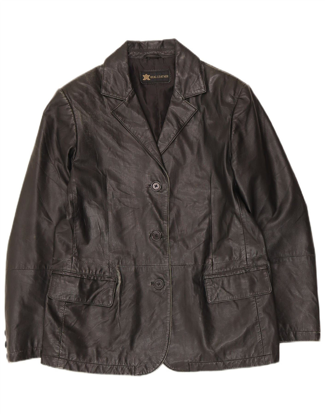 Vintage Womens 3 Button Leather Blazer Jacket UK 14 Medium Black Leather