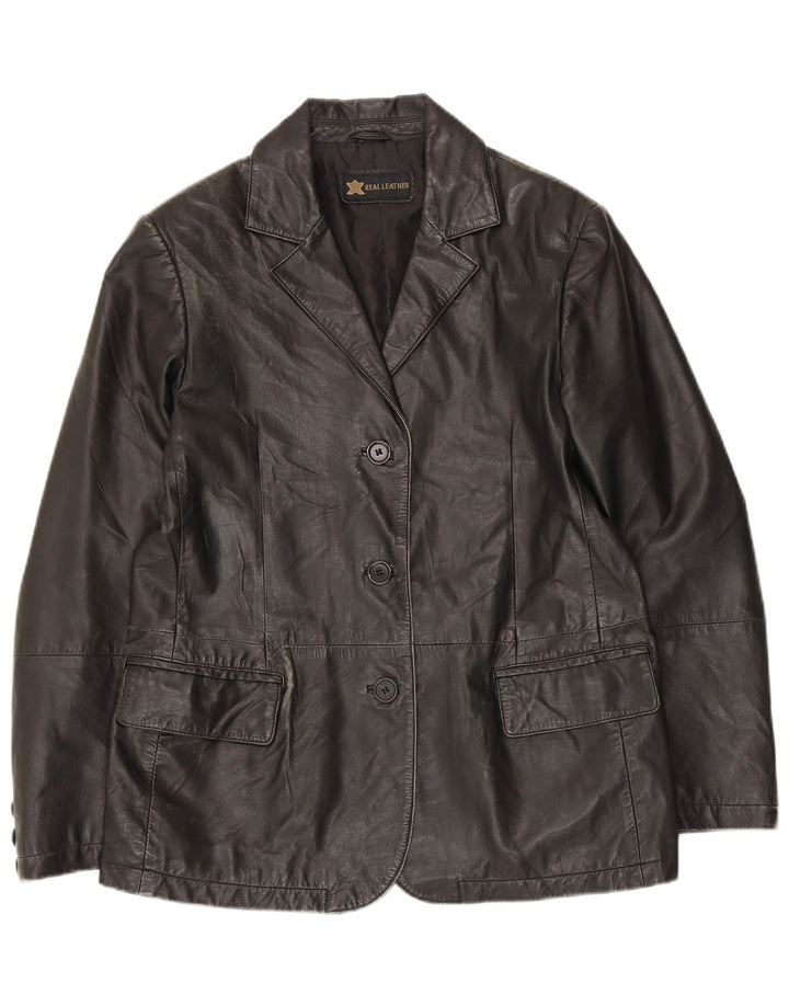 Vintage Womens 3 Button Leather Blazer Jacket UK 14 Medium Black Leather
