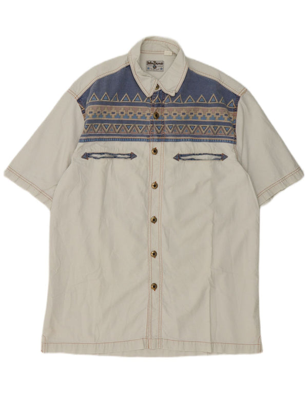 John Baner Mens Short Sleeve Shirt Medium Beige Geometric Cotton Western