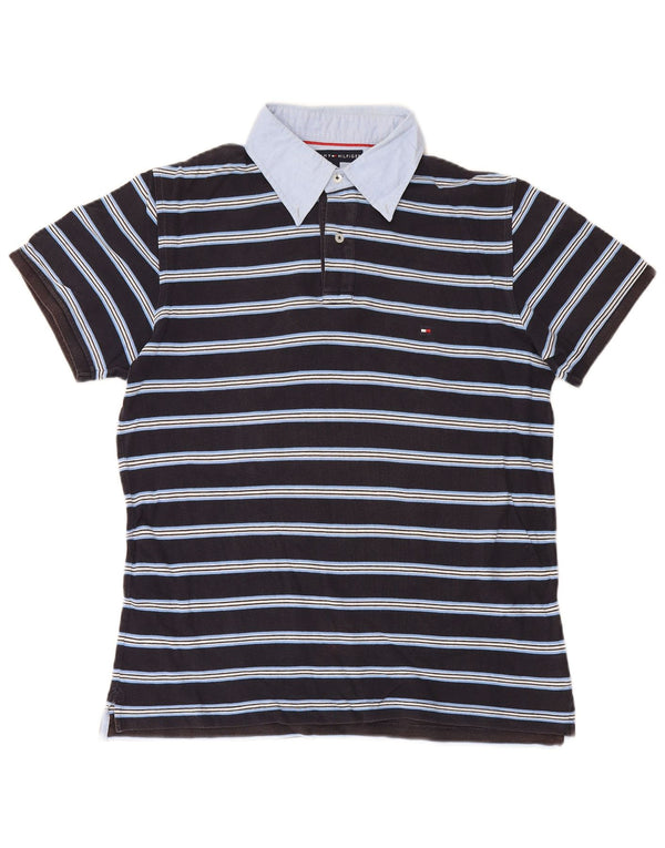 Tommy Hilfiger Mens Slim Fit Rugby Polo Shirt XL Black Striped Cotton
