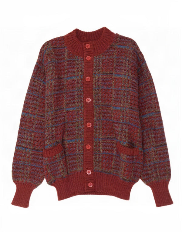 Maglione cardigan da uomo vintage a quadri bordeaux grandi