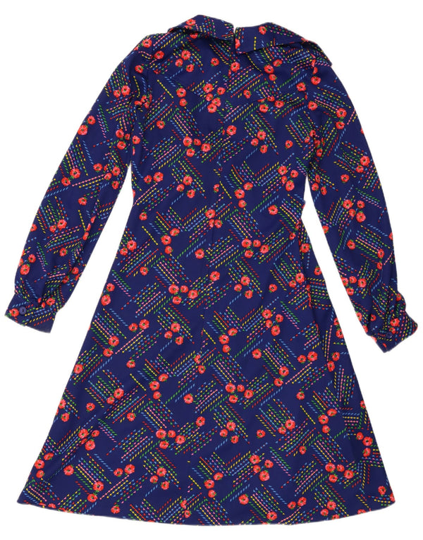 Vintage Womens Long Sleeve A-Line Dress UK 14 Medium Blue Floral