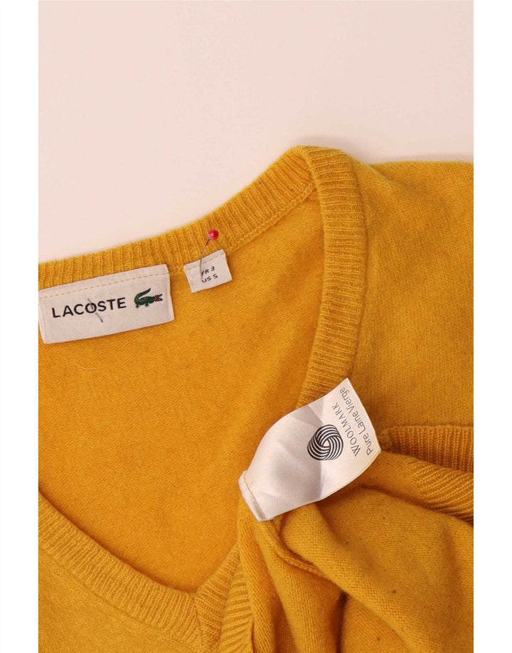 Lacoste Mens V-Neck Jumper Sweater Size 3 Small Yellow Virgin Wool