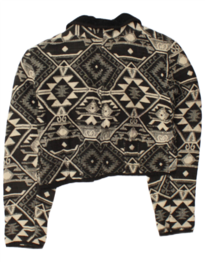 Vintage Womens Crop Open Bomber Jacket UK 14 Medium Black Geometric Cotton