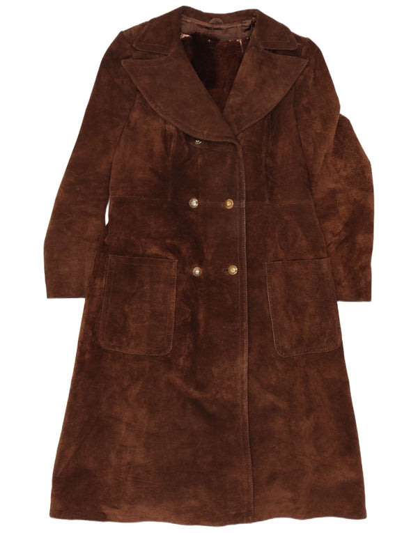 Vintage Womens Suede Double Breasted Coat UK 10 Small Brown