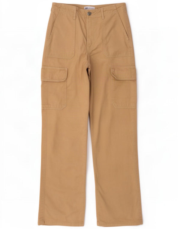 Zara Damen Cargohose mit hoher Taille, lockere Passform, EU 36, XS, B26, L30, Beige