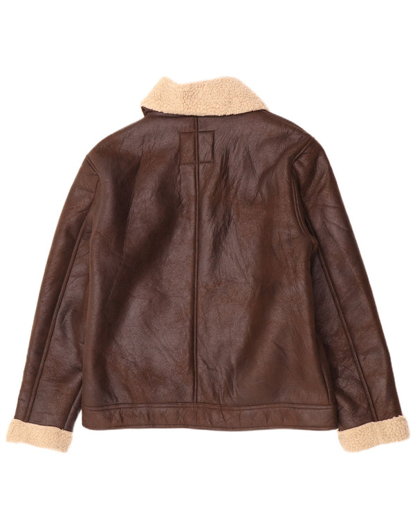 Jean Pascale Mens Faux Leather Sherpa Jacket UK 42 XL Brown Colourblock