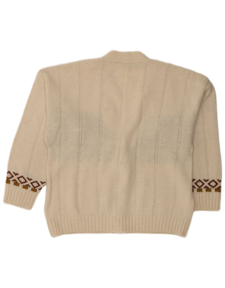 Vintage Mens Cardigan Sweater Medium White Fair Isle