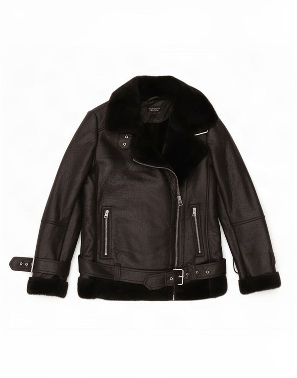 Topshop Chaqueta motera de piel sintética Sherpa extragrande para mujer UK 8 Small Negro