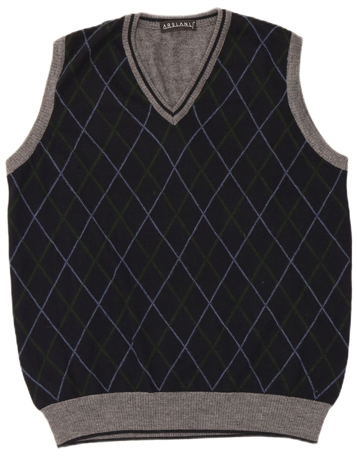 Arslanli Mens Vest Tank Top Large Navy Blue Argyle/Diamond Wool
