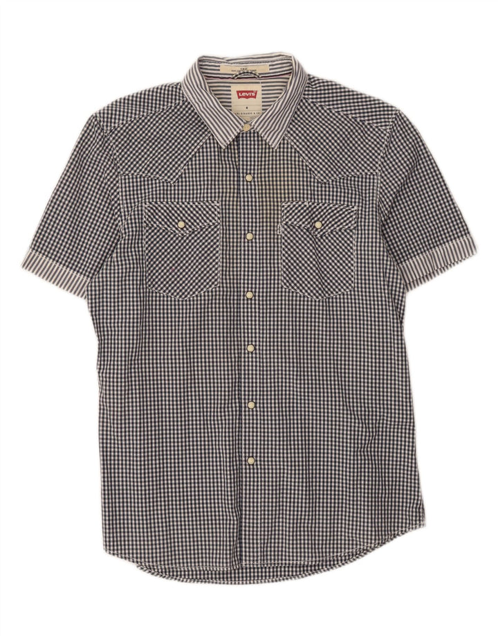 LEVI'S Mens Slim Fit Short Sleeve Shirt Medium Navy Blue Gingham Cotton Vintage Levi's and Second-Hand Levi's from Messina Hembry 