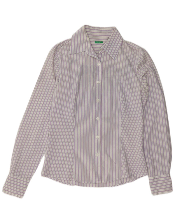 Benetton Womens Shirt UK 14 Medium Purple Striped Cotton