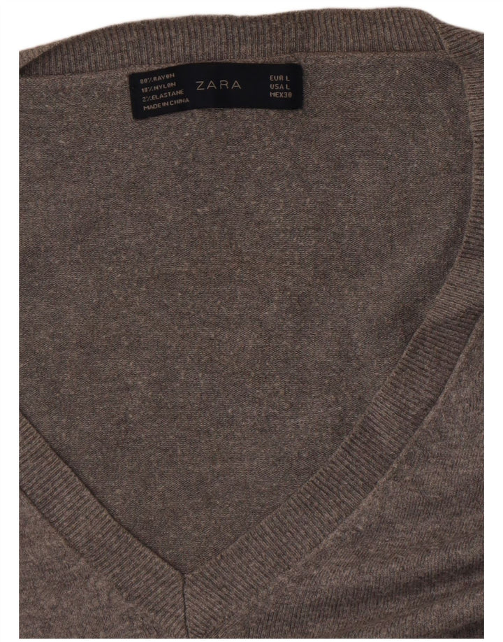 Zara Mens V-Neck Jumper Sweater Large Grey Flecked Rayon