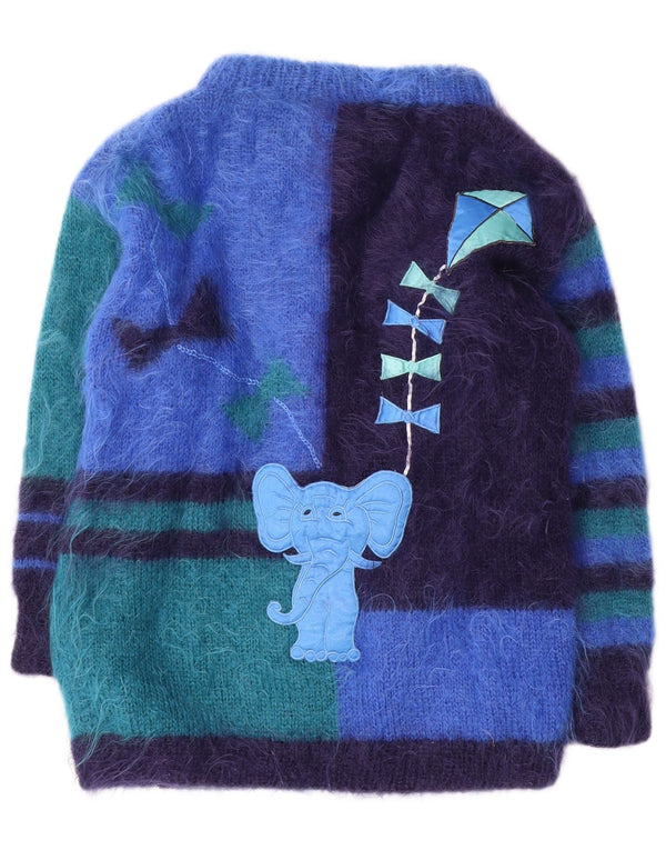 Vintage Womens Graphic Cardigan Sweater UK 16 Large Blue Colourblock