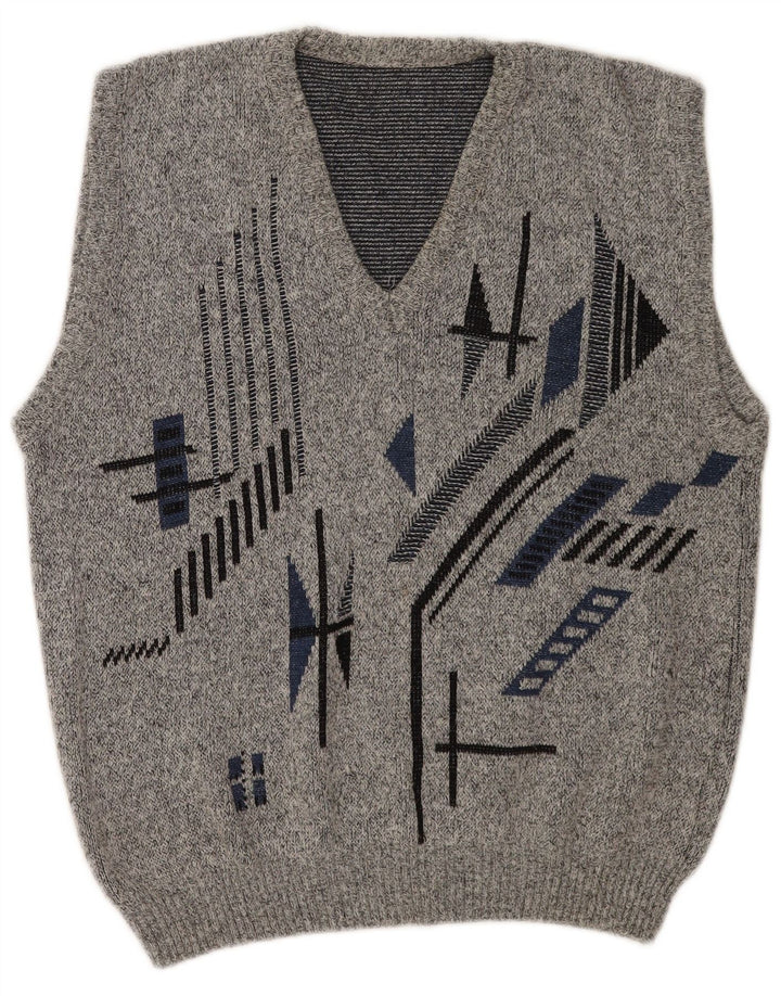 Vintage Mens Vest Tank Top EU 50 Medium Grey Geometric Polyacrylic