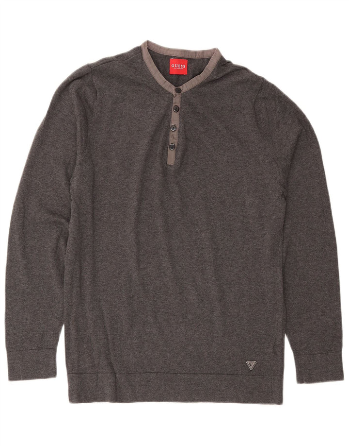 GUESS Mens Crew Neck Jumper Sweater Large Grey Cotton