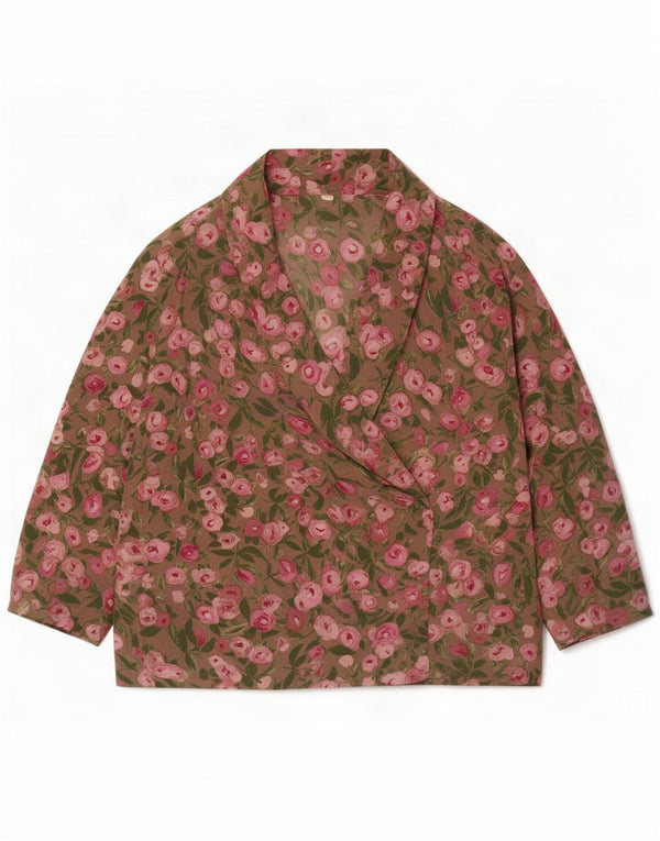 Top camicetta a maniche lunghe da donna vintage UK 18 XL Cachi floreale