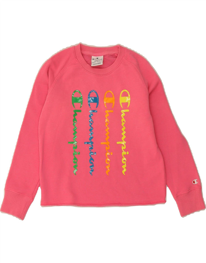 CHAMPION Girls Crazy Pattern Sweatshirt Jumper 7-8 Years Small  Pink Vintage Champion and Second-Hand Champion from Messina Hembry 