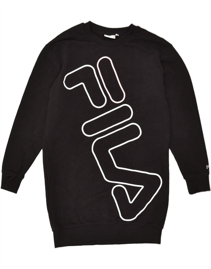FILA Womens Longline Graphic Sweatshirt Jumper UK 6 XS Black Cotton | Vintage Fila | Thrift | Second-Hand Fila | Used Clothing | Messina Hembry 