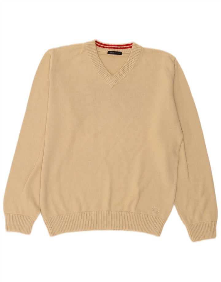 Sergio Tacchini Mens V-Neck Jumper Sweater Small Beige Cotton