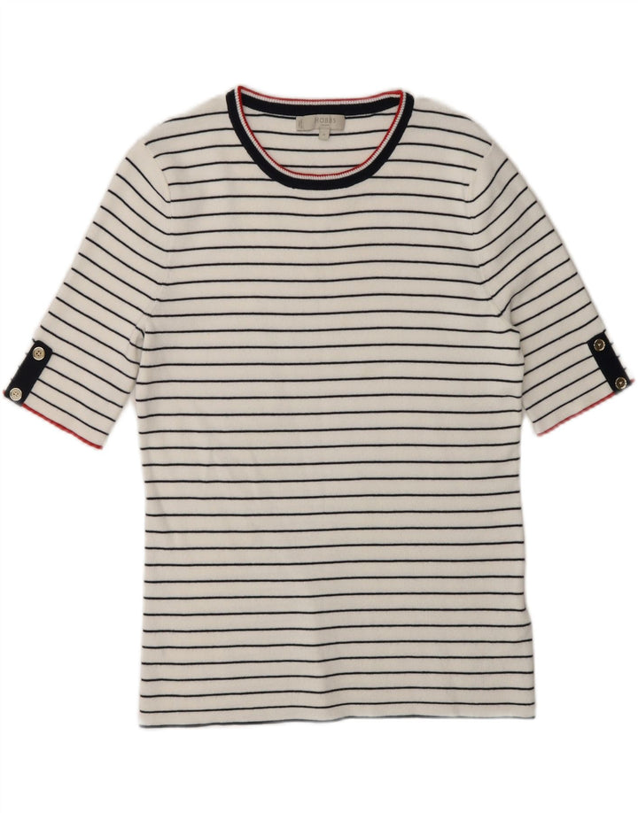 HOBBS Womens Crew Neck Jumper Sweater UK 12 Medium White Striped Vintage Hobbs and Second-Hand Hobbs from Messina Hembry 