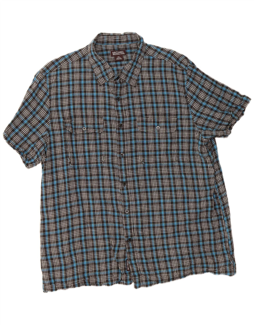Michael Kors Mens Short Sleeve Shirt 2XL Blue Check Linen